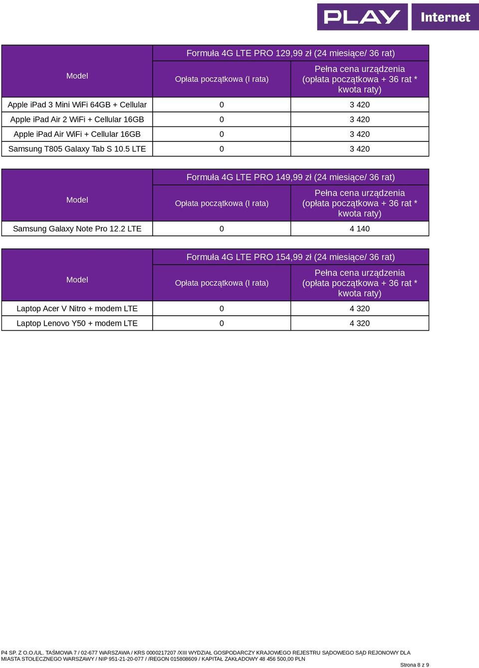 5 LTE 0 3 420 Formuła 4G LTE PRO 149,99 zł (24 miesiące/ 36 rat) Samsung Galaxy Note Pro 12.