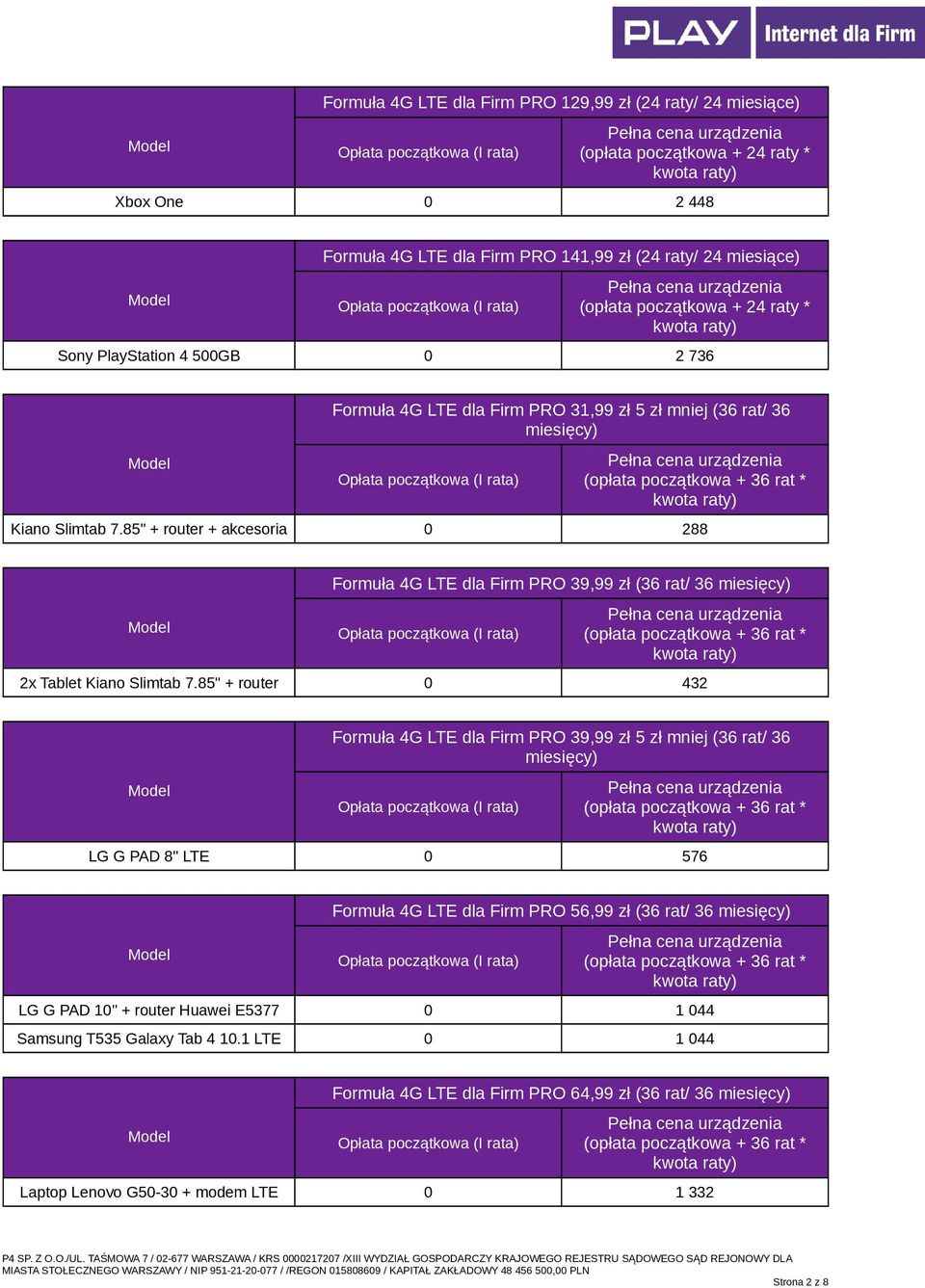 85" + router + akcesoria 0 288 Formuła 4G LTE dla Firm PRO 39,99 zł (36 rat/ 36 miesięcy) 2x Tablet Kiano Slimtab 7.