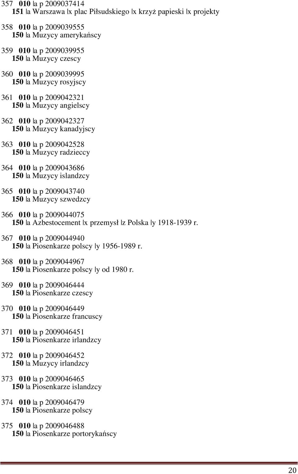 islandzcy 365 010 a p 2009043740 150 a Muzycy szwedzcy 366 010 a p 2009044075 150 a Azbestocement x przemysł z Polska y 1918-1939 r. 367 010 a p 2009044940 150 a Piosenkarze polscy y 1956-1989 r.
