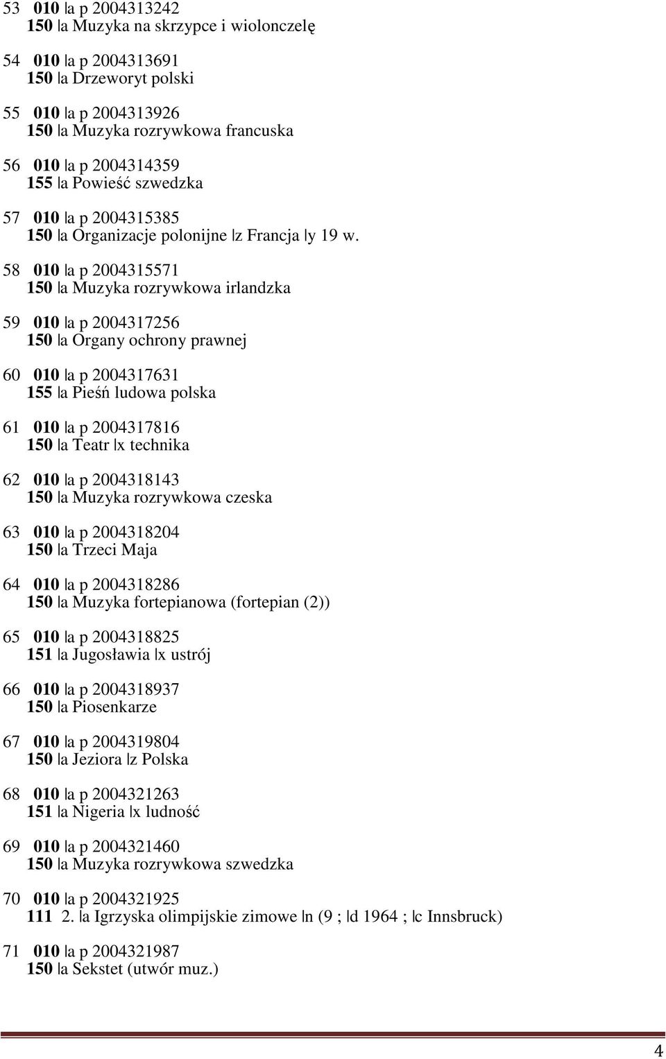 58 010 a p 2004315571 150 a Muzyka rozrywkowa irlandzka 59 010 a p 2004317256 150 a Organy ochrony prawnej 60 010 a p 2004317631 155 a Pieśń ludowa polska 61 010 a p 2004317816 150 a Teatr x technika