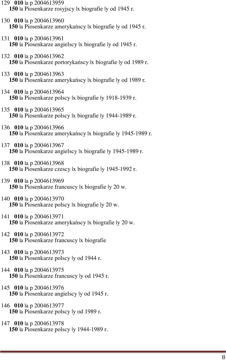 133 010 a p 2004613963 150 a Piosenkarze amerykańscy x biografie y od 1989 r. 134 010 a p 2004613964 150 a Piosenkarze polscy x biografie y 1918-1939 r.