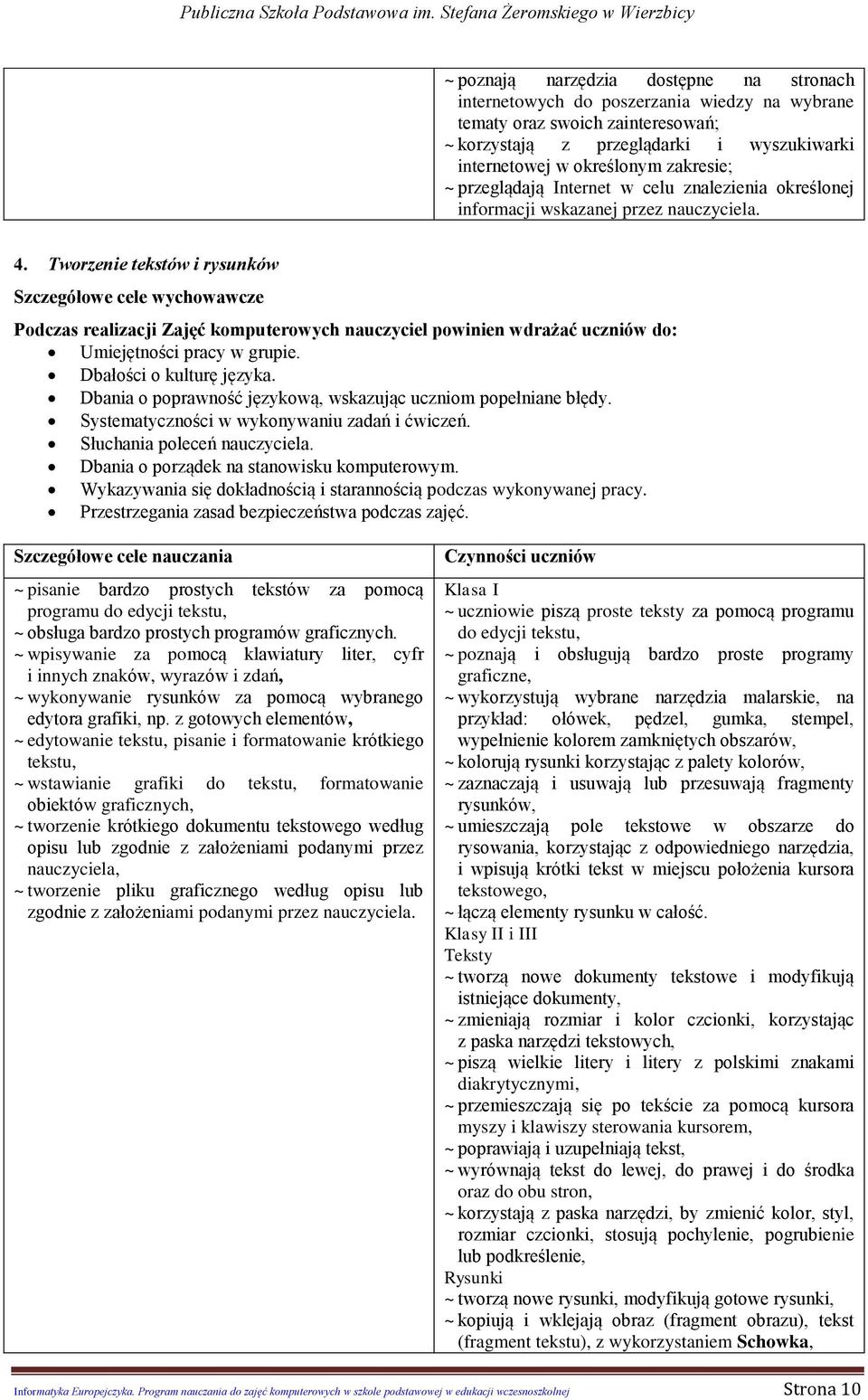 Tworzenie tekstów i rysunków Szczegółowe cele wychowawcze Podczas realizacji Zajęć komputerowych nauczyciel powinien wdrażać uczniów do: Umiejętności pracy w grupie. Dbałości o kulturę języka.