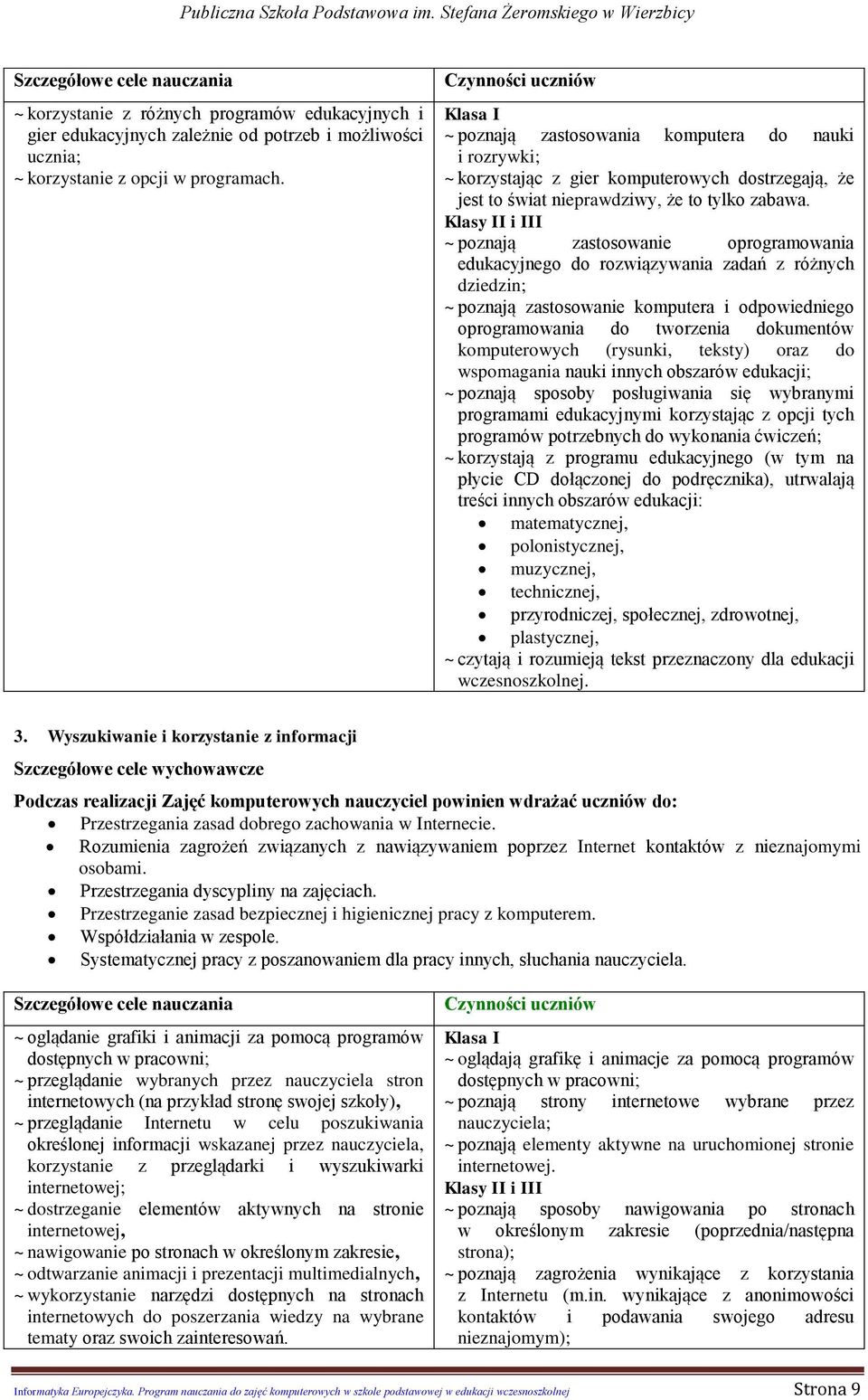 Klasy II i III ~ poznają zastosowanie oprogramowania edukacyjnego do rozwiązywania zadań z różnych dziedzin; ~ poznają zastosowanie komputera i odpowiedniego oprogramowania do tworzenia dokumentów