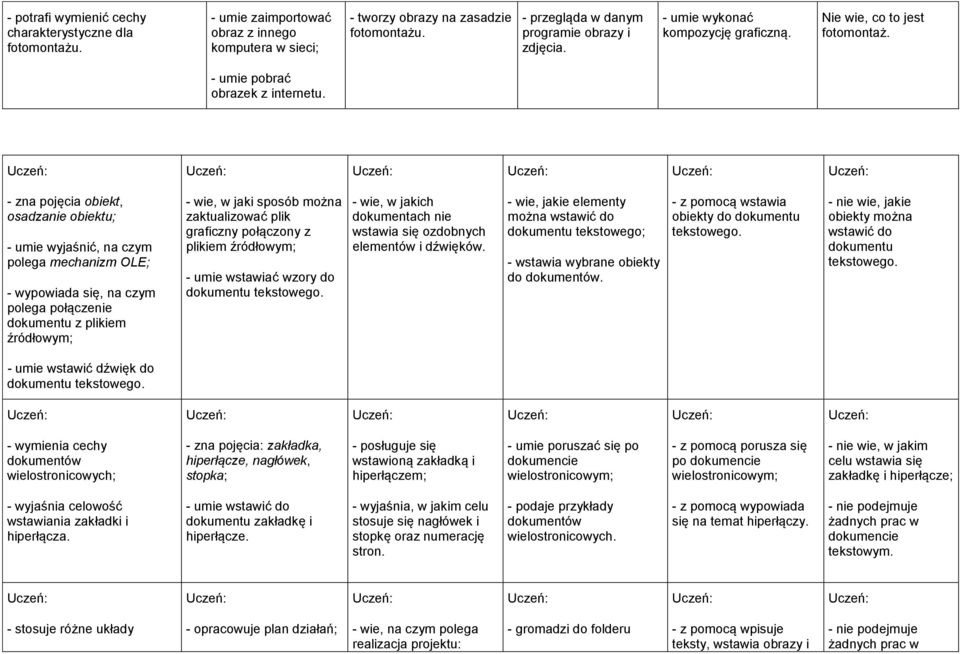 - zna pojęcia obiekt, osadzanie obiektu; - umie wyjaśnić, na czym polega mechanizm OLE; - wypowiada się, na czym polega połączenie dokumentu z plikiem źródłowym; - wie, w jaki sposób można