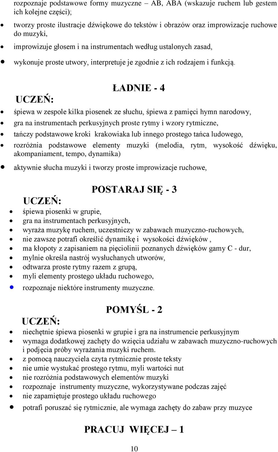 ŁADNIE - 4 śpiewa w zespole kilka piosenek ze słuchu, śpiewa z pamięci hymn narodowy, gra na instrumentach perkusyjnych proste rytmy i wzory rytmiczne, tańczy podstawowe kroki krakowiaka lub innego