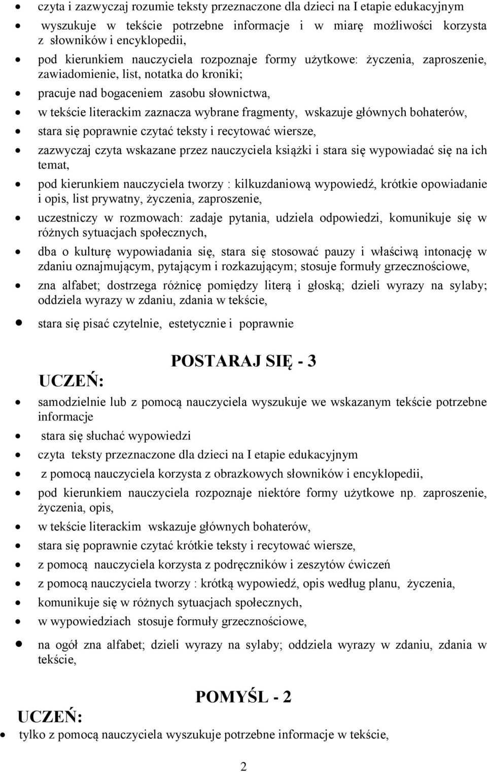 wskazuje głównych bohaterów, stara się poprawnie czytać teksty i recytować wiersze, zazwyczaj czyta wskazane przez nauczyciela książki i stara się wypowiadać się na ich temat, pod kierunkiem