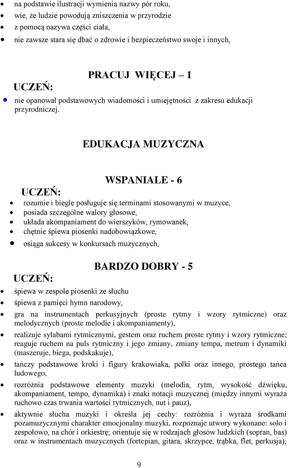 EDUKACJA MUZYCZNA WSPANIALE - 6 rozumie i biegle posługuje się terminami stosowanymi w muzyce, posiada szczególne walory głosowe, układa akompaniament do wierszyków, rymowanek, chętnie śpiewa