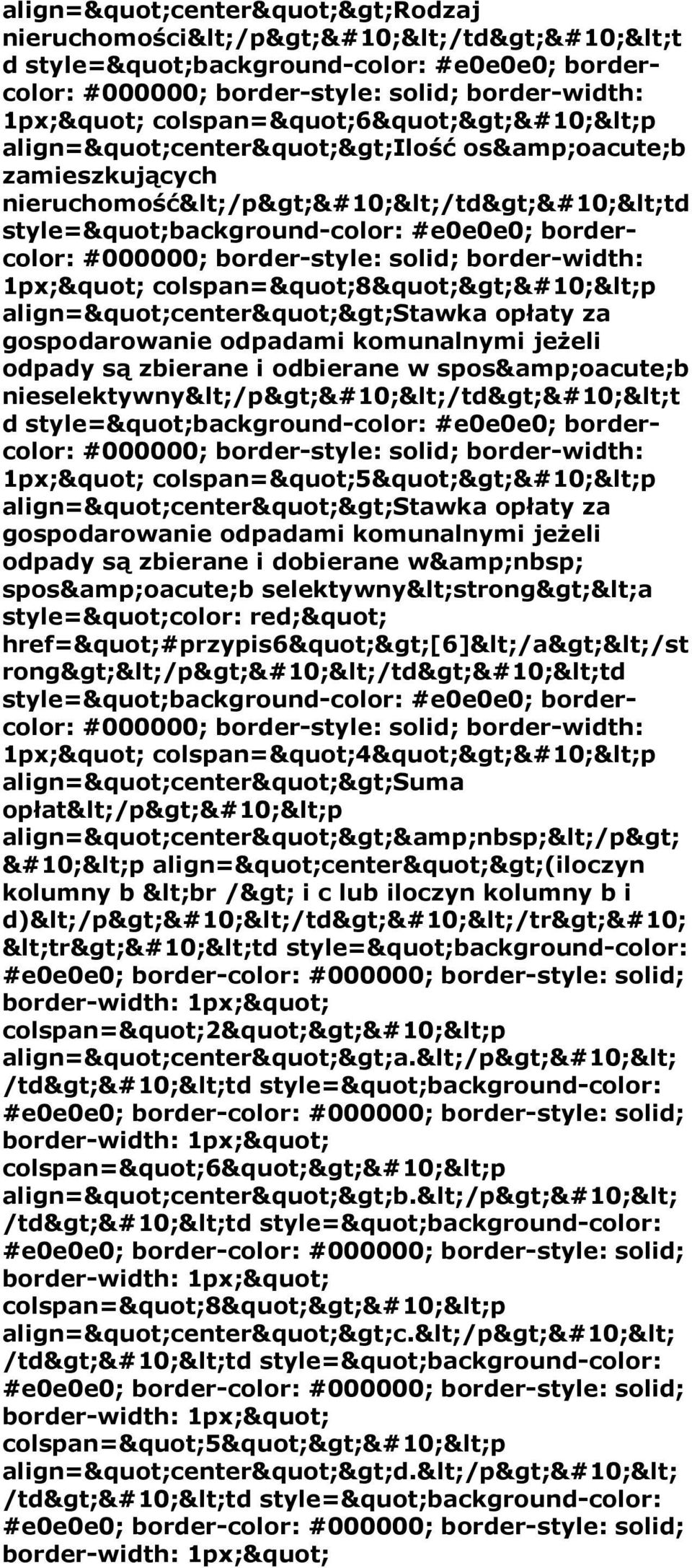 gospodarowanie odpadami komunalnymi jeżeli odpady są zbierane i odbierane w spos&oacute;b nieselektywny</p> </td> <t d style="background-color: #e0e0e0; bordercolor: #000000; border-style: solid;