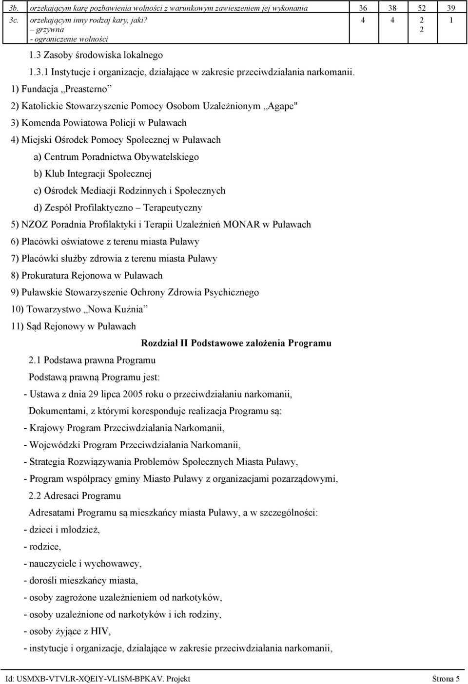 1) Fundacja Preasterno 2) Katolickie Stowarzyszenie Pomocy Osobom Uzależnionym Agape" 3) Komenda Powiatowa Policji w Puławach 4) Miejski Ośrodek Pomocy Społecznej w Puławach a) Centrum Poradnictwa