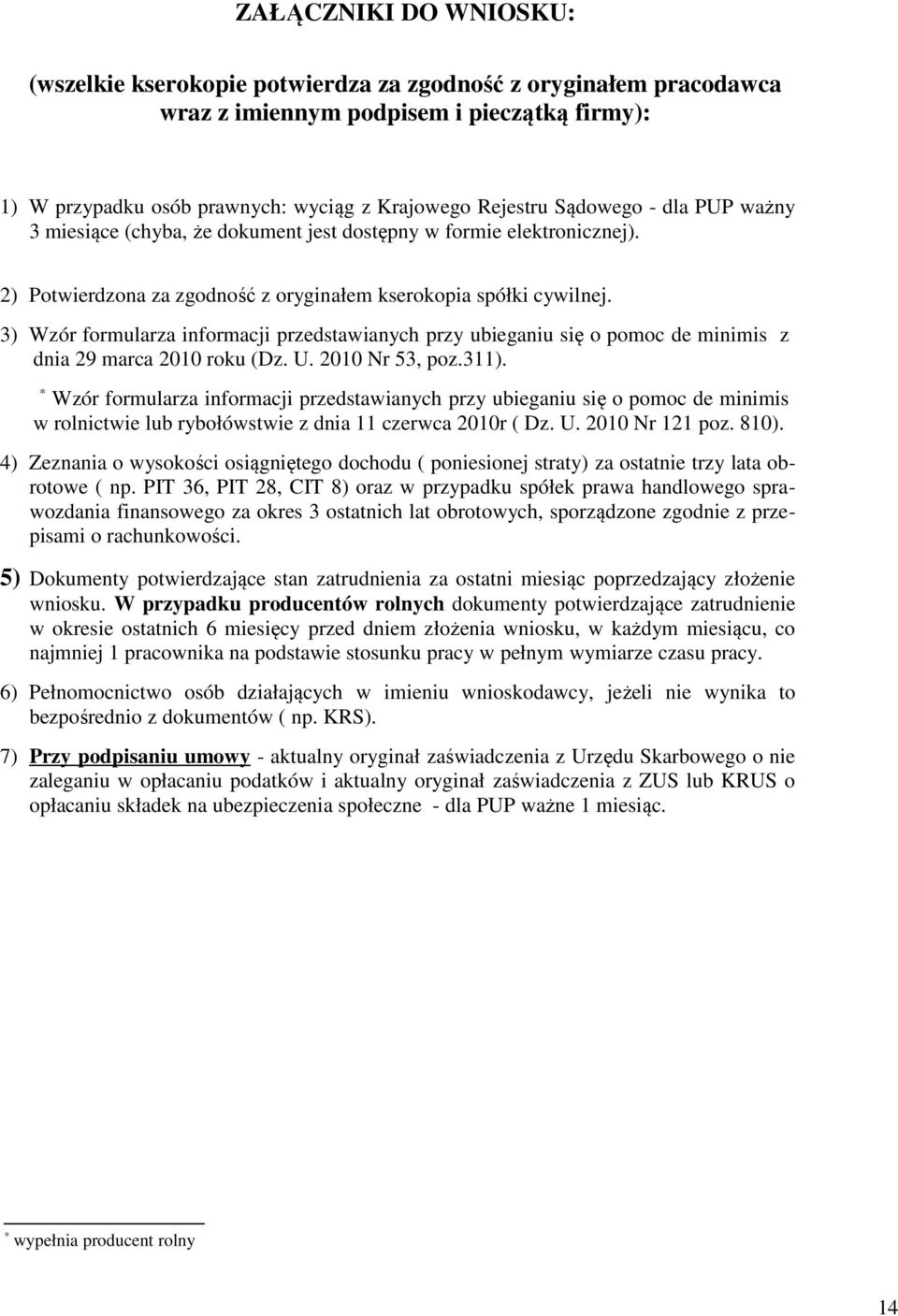 3) Wzór formularza informacji przedstawianych przy ubieganiu się o pomoc de minimis z dnia 29 marca 2010 roku (Dz. U. 2010 Nr 53, poz.311).