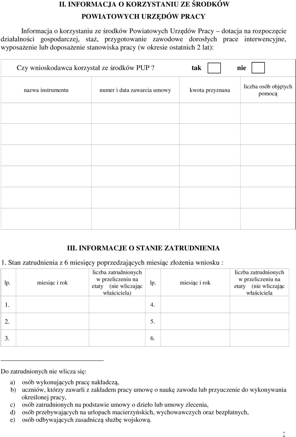 tak nie nazwa instrumentu numer i data zawarcia umowy kwota przyznana liczba osób objętych pomocą III. INFORMACJE O STANIE ZATRUDNIENIA 1.