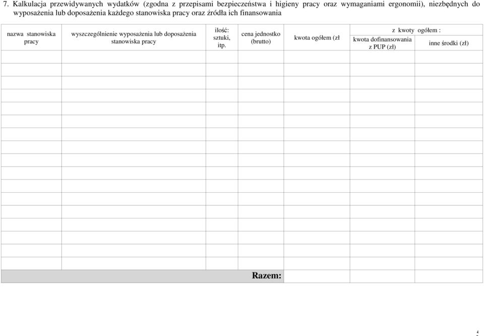 nazwa stanowiska pracy wyszczególnienie wyposażenia lub doposażenia stanowiska pracy ilość: sztuki, itp.