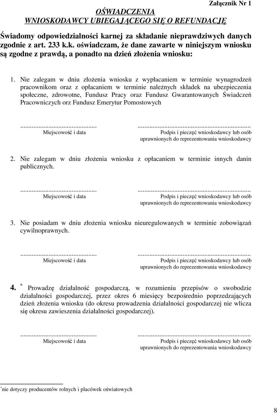 Gwarantowanych Świadczeń Pracowniczych orz Fundusz Emerytur Pomostowych 2. Nie zalegam w dniu złożenia wniosku z opłacaniem w terminie innych danin publicznych. 3.