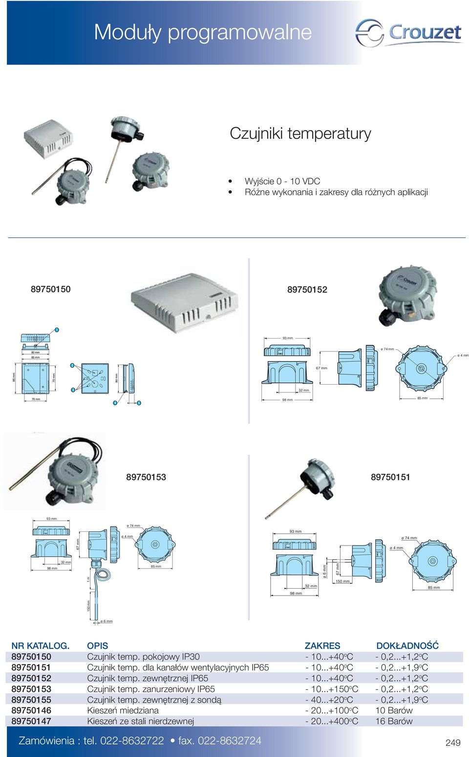 ..+1,2 o C 89750151 Czujnik temp. dla kanałów wentylacyjnych IP65-10...+40 o C - 0,2...+1,9 o C 89750152 Czujnik temp. zewnętrznej IP65-10...+40 o C - 0,2...+1,2 o C 89750153 Czujnik temp.