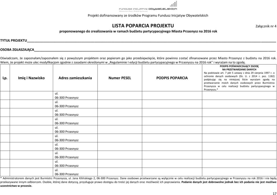 Wiem, że projekt może ulec modyfikacjom zgodnie z zasadami określonymi w Regulaminie I edycji budżetu partycypacyjnego w Przasnyszu na 2016 rok i wyrażam na to zgodę.
