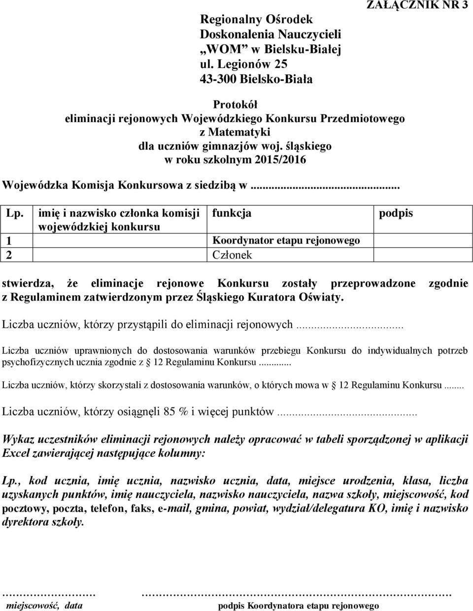 imię i nazwisko członka komisji wojewódzkiej konkursu funkcja 1 Koordynator etapu rejonowego 2 Członek podpis stwierdza, że eliminacje rejonowe Konkursu zostały przeprowadzone zgodnie z Regulaminem