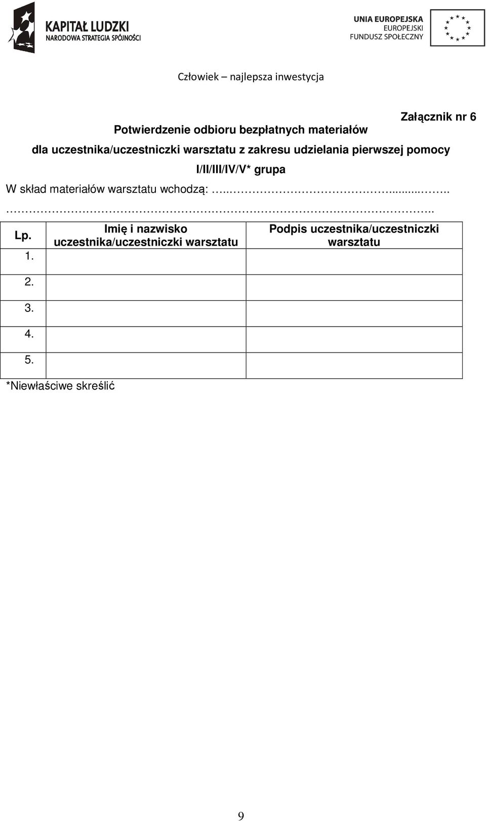 I/II/III/IV/V* grupa W skład materiałów warsztatu wchodzą:......... Lp. 1. 2. 3. 4.