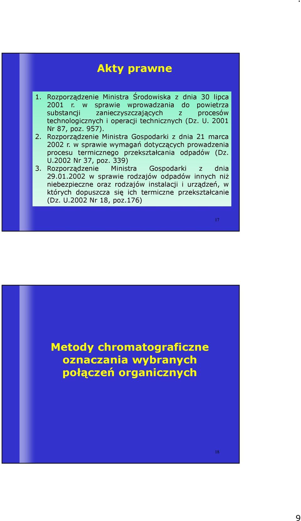 01 Nr 87, poz. 957). 2. Rozporządzenie Ministra Gospodarki z dnia 21 marca 2002 r. w sprawie wymagań dotyczących prowadzenia procesu termicznego przekształcania odpadów (Dz. U.