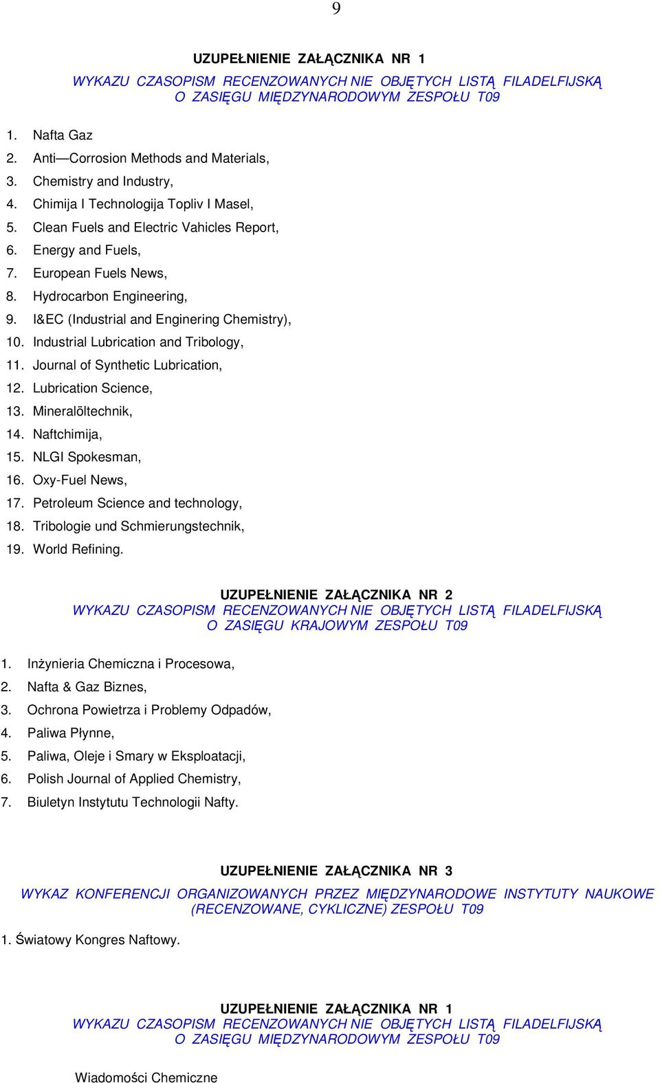 I&EC (Industrial and Enginering Chemistry), 10. Industrial Lubrication and Tribology, 11. Journal of Synthetic Lubrication, 12. Lubrication Science, 13. Mineralöltechnik, 14. Naftchimija, 15.