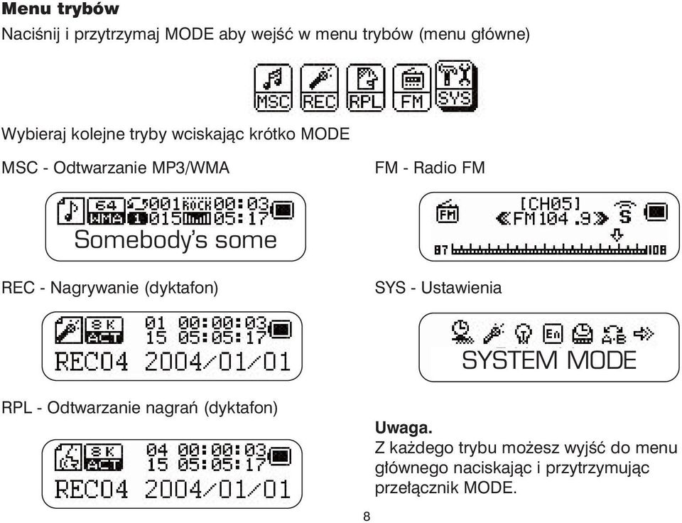 REC - Nagrywanie (dyktafon) SYS - Ustawienia SYSTEM MODE RPL - Odtwarzanie nagrañ (dyktafon)