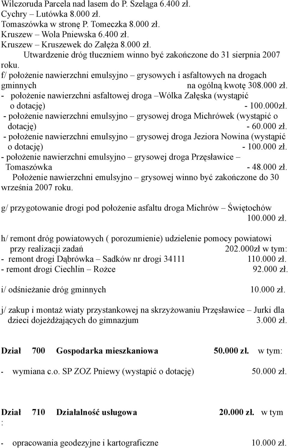 000 - położenie nawierzchni asfaltowej droga Wólka Załęska (wystąpić o dotację) - 100.000 - położenie nawierzchni emulsyjno grysowej droga Michrówek (wystąpić o dotację) - 60.