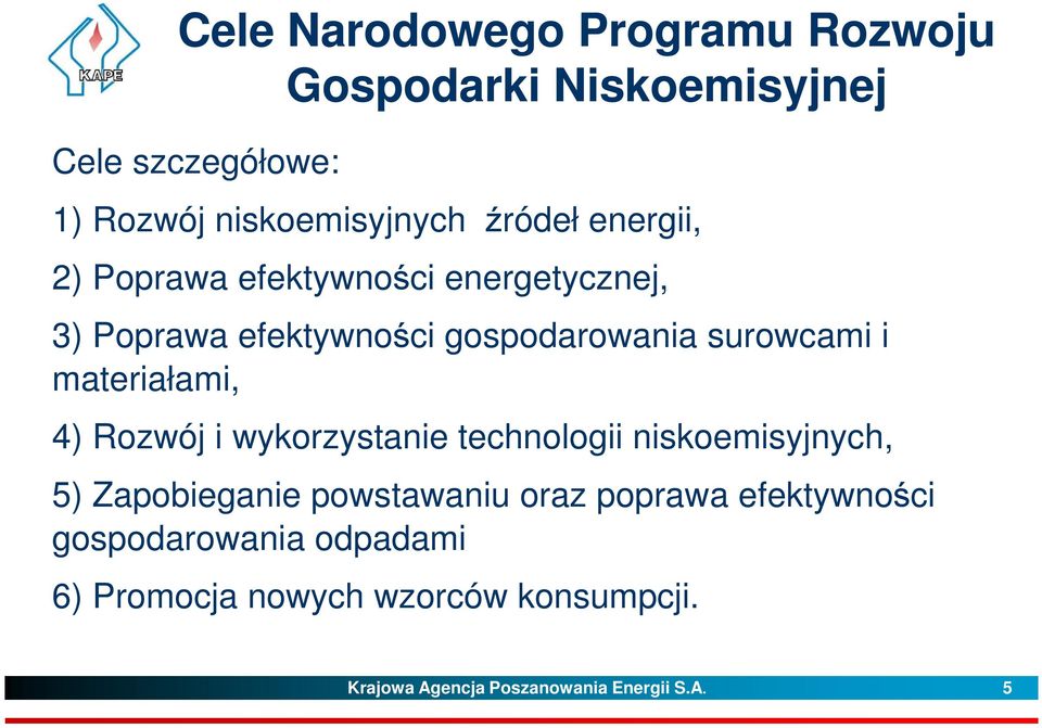 materiałami, 4) Rozwój i wykorzystanie technologii niskoemisyjnych, 5) Zapobieganie powstawaniu oraz poprawa