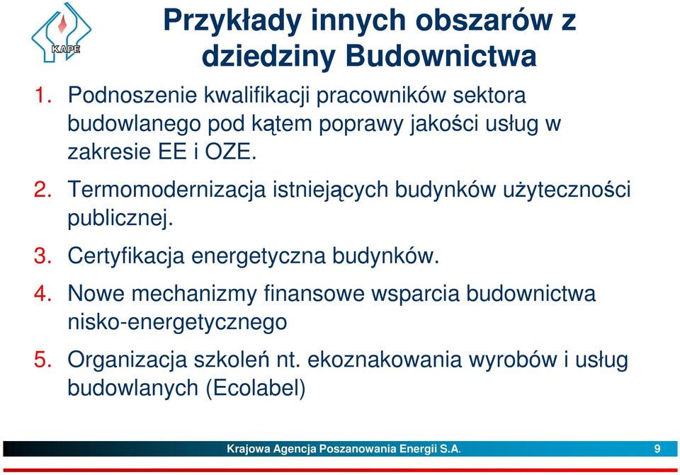 Termomodernizacja istniejących budynków użyteczności publicznej. 3. Certyfikacja energetyczna budynków. 4.