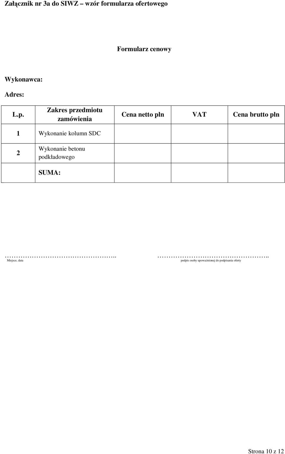 Zakres przedmiotu zamówienia Cena netto pln VAT Cena brutto pln 1