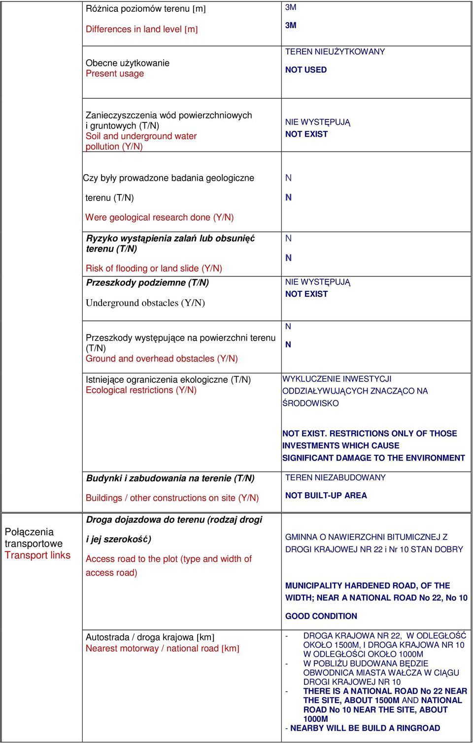 land slide (Y/) Przeszkody podziemne (T/) Underground obstacles (Y/) Przeszkody występujące na powierzchni terenu (T/) Ground and overhead obstacles (Y/) Istniejące ograniczenia ekologiczne (T/)
