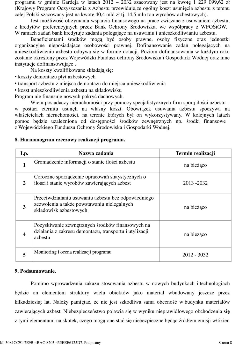 Jest moŝliwość otrzymania wsparcia finansowego na prace związane z usuwaniem azbestu, z kredytów preferencyjnych przez Bank Ochrony Środowiska, we współpracy z WFOŚiGW.