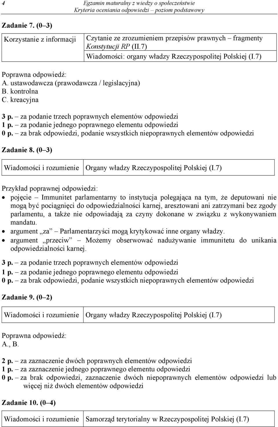 7) Przykład poprawnej odpowiedzi: pojęcie Immunitet parlamentarny to instytucja polegająca na tym, że deputowani nie mogą być pociągnięci do odpowiedzialności karnej, aresztowani ani zatrzymani bez