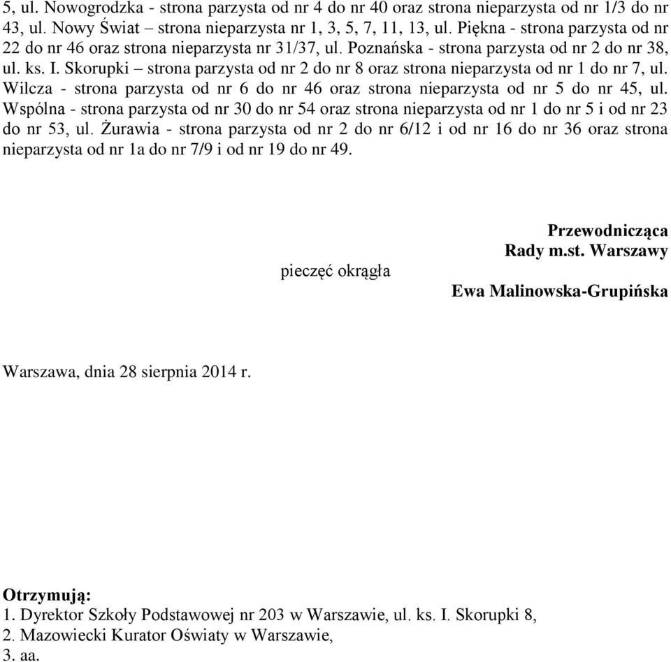 Żurawia - nr 2 do nr 6/12 i od nr 16 do nr 36 oraz strona nieparzysta od nr 1a do nr 7/9 i od nr 19 do nr 49. pieczęć okrągła Przewodnicząca Rady m.st. Warszawy Ewa Malinowska-Grupińska Warszawa, dnia 28 sierpnia 2014 r.