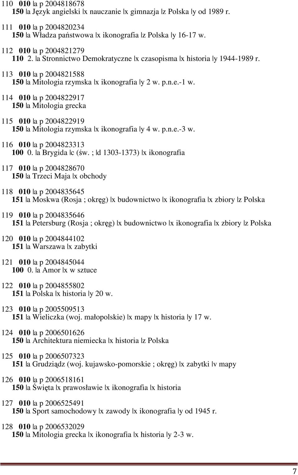 114 010 a p 2004822917 150 a Mitologia grecka 115 010 a p 2004822919 150 a Mitologia rzymska x ikonografia y 4 w. p.n.e.-3 w. 116 010 a p 2004823313 100 0. a Brygida c (św.