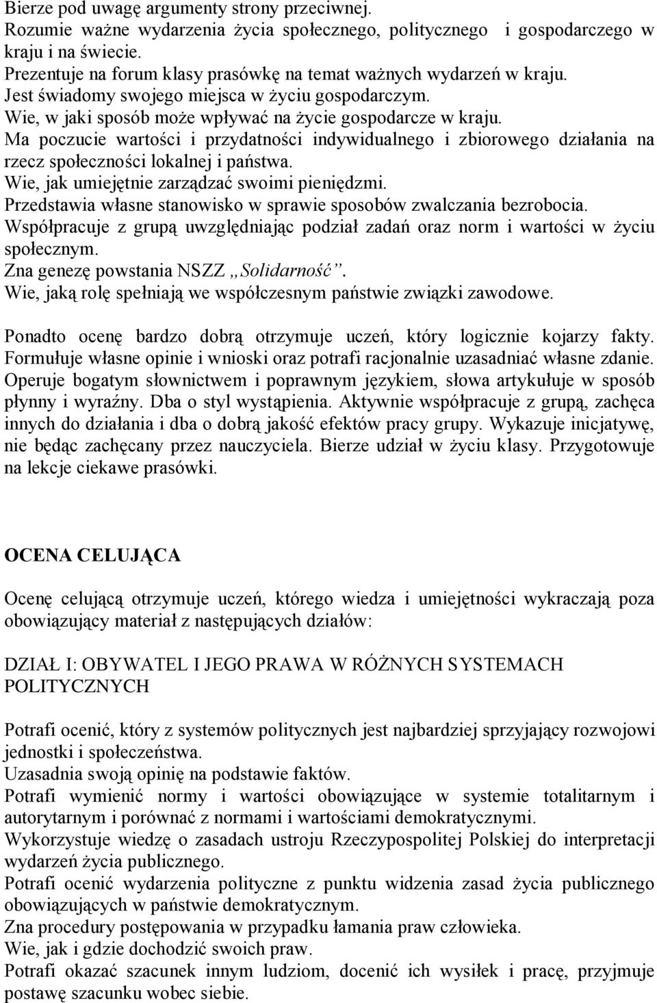 Ma poczucie wartości i przydatności indywidualnego i zbiorowego działania na rzecz społeczności lokalnej i państwa. Wie, jak umiejętnie zarządzać swoimi pieniędzmi.