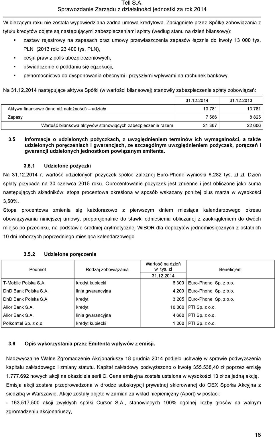 zapasów łącznie do kwoty 13 000 tys. PLN (2013 rok: 23 400 tys.