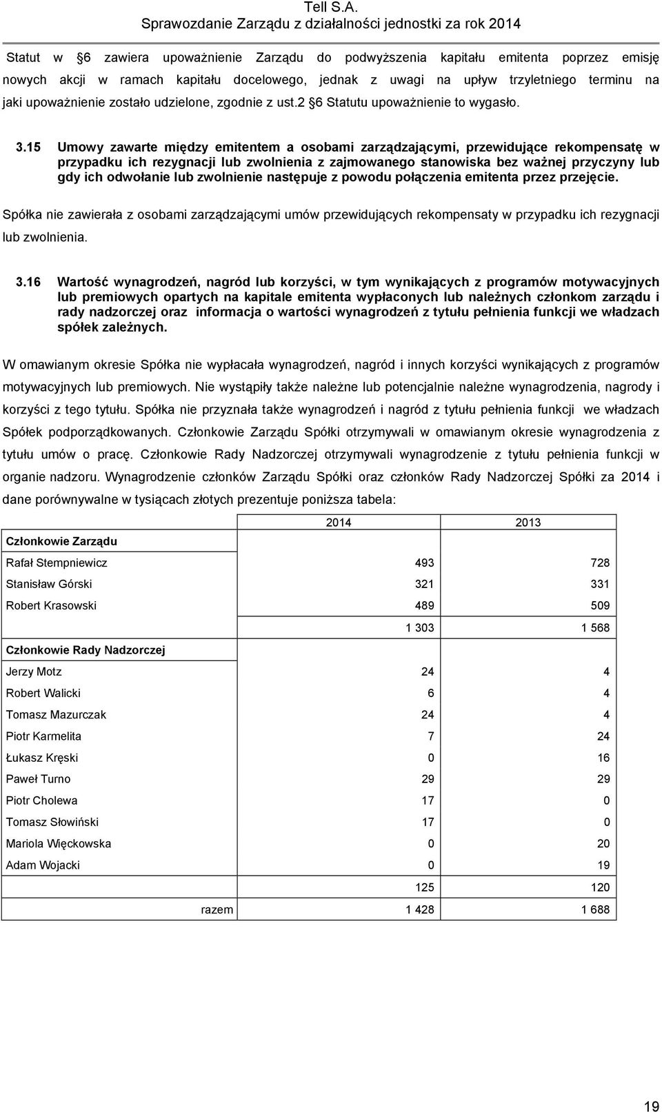 15 Umowy zawarte między emitentem a osobami zarządzającymi, przewidujące rekompensatę w przypadku ich rezygnacji lub zwolnienia z zajmowanego stanowiska bez ważnej przyczyny lub gdy ich odwołanie lub
