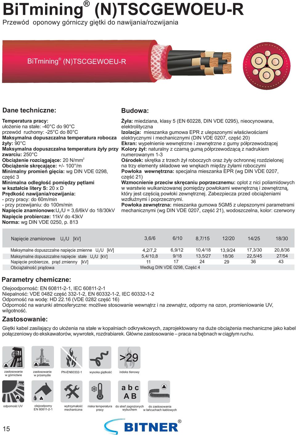 S: x D Prędkość nawijania/rozwijania: - przy pracy: do 6m/min - przy przewijaniu: do 1m/min Napięcie znamionowe:u /U = 3,6/6kV do 18/3kV Napięcie probiercze: 11kV do 43kV Norma: wg DIN VDE 5, p.
