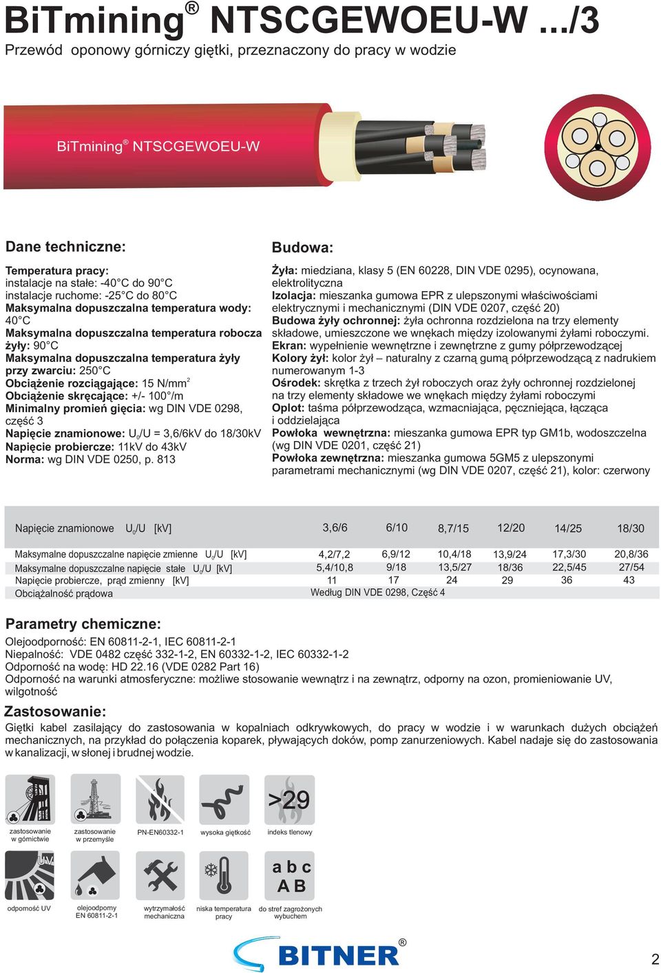 wody: 4 C dopuszczalna temperatura : 9 C dopuszczalna temperatura przy zwarciu: 5 C Obciążenie : 15 N/mm Obciążenie skręcające: +/- 1 /m Minimalny promień gięcia: wg DIN VDE 98, część 3 Napięcie