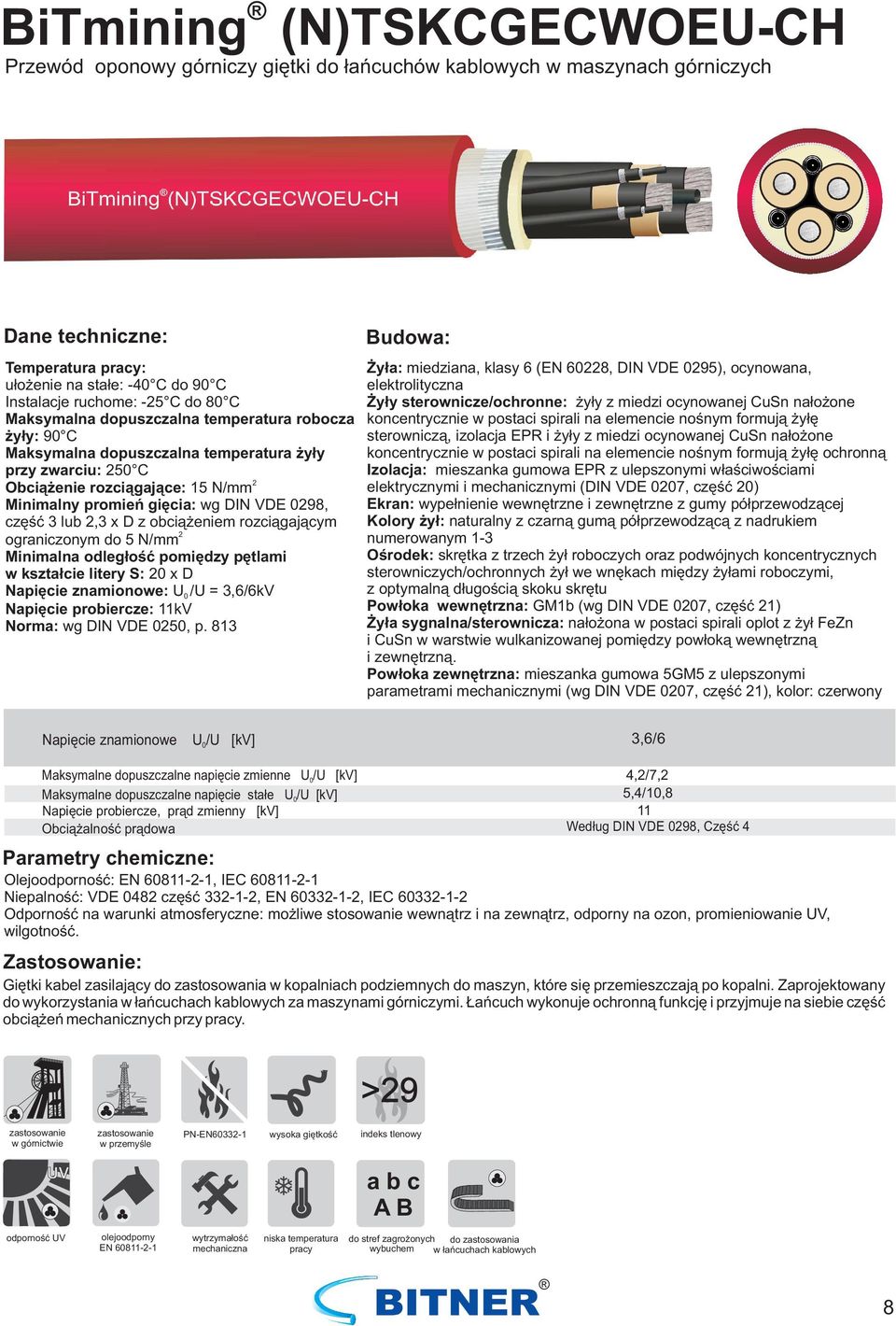 Minimalna odległość pomiędzy pętlami w kształcie litery S: x D Napięcie znamionowe: U /U = 3,6/6kV Napięcie probiercze: 11kV Norma: wg DIN VDE 5, p.