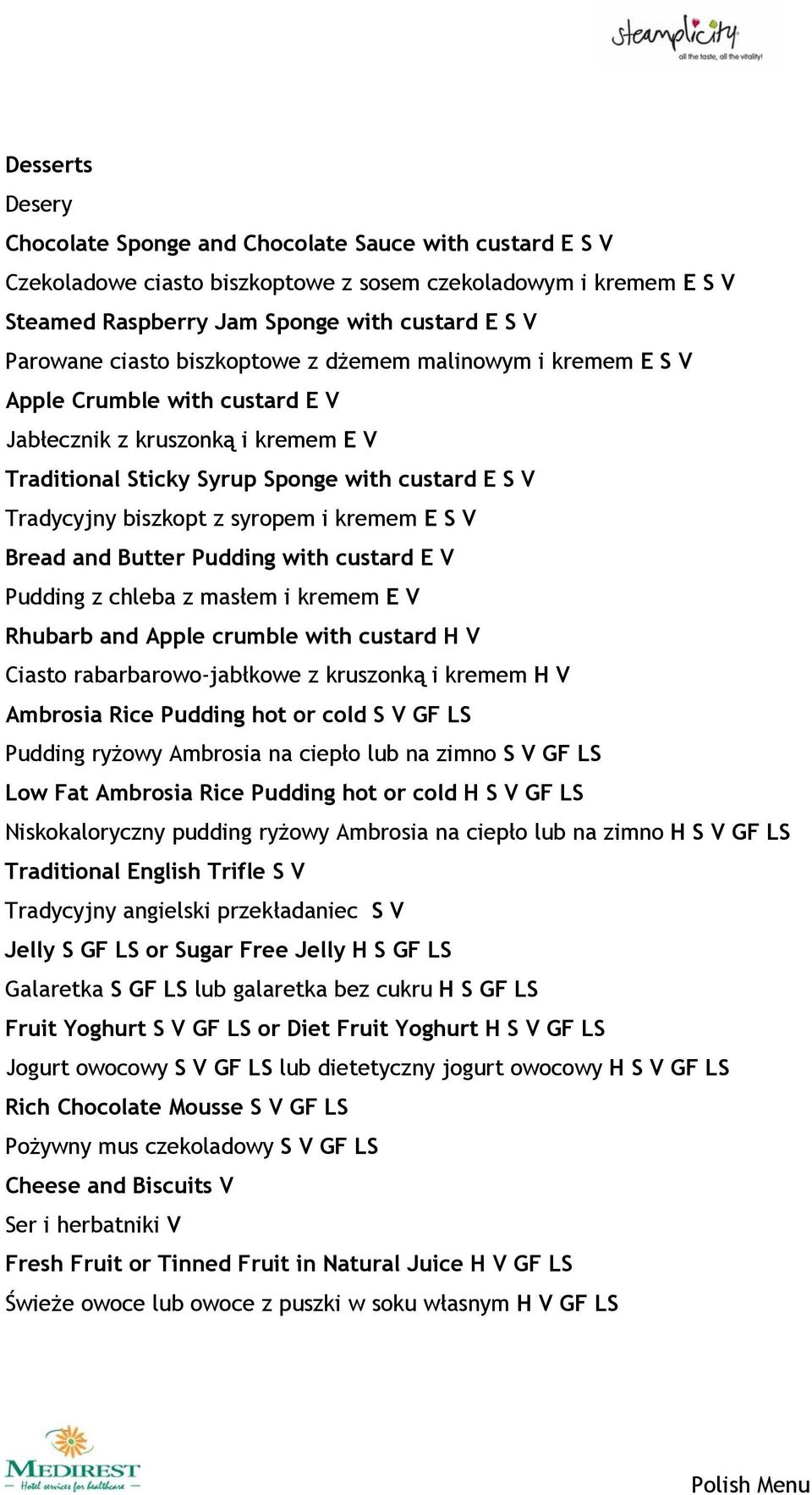 syropem i kremem E S V Bread and Butter Pudding with custard E V Pudding z chleba z masłem i kremem E V Rhubarb and Apple crumble with custard H V Ciasto rabarbarowo-jabłkowe z kruszonką i kremem H V