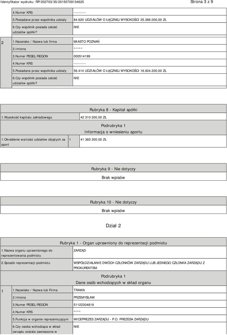 414 UDZIAŁÓW O ŁĄCZNEJ WYSOKOŚCI 16.924.200,00 ZŁ Rubryka 8 - Kapitał spółki 1.Wysokość kapitału zakładowego 42 310 200,00 ZŁ Podrubryka 1 Informacja o wniesieniu aportu 1.