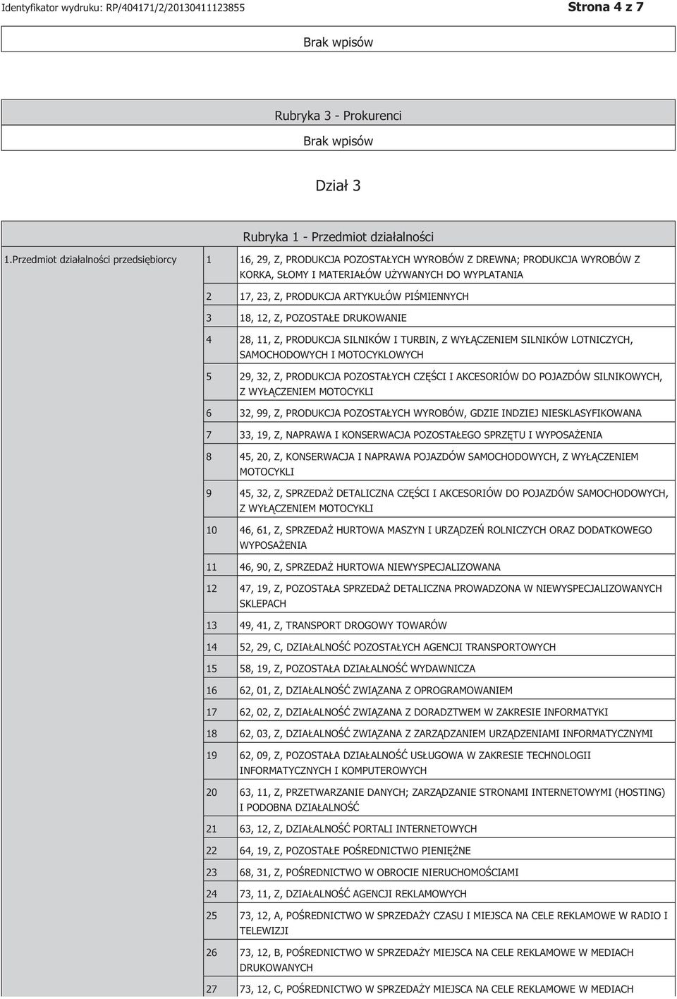 PIŚMIENNYCH 3 18, 12, Z, POZOSTAŁE DRUKOWA 4 28, 11, Z, PRODUKCJA SILNIKÓW I TURBIN, Z WYŁĄCZEM SILNIKÓW LOTNICZYCH, SAMOCHODOWYCH I MOTOCYKLOWYCH 5 29, 32, Z, PRODUKCJA POZOSTAŁYCH CZĘŚCI I