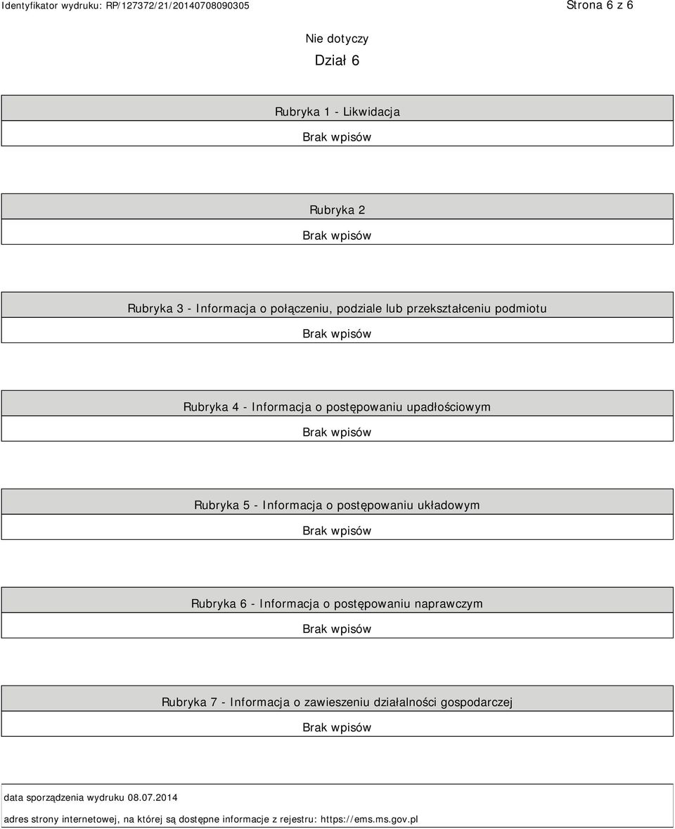 układowym Rubryka 6 - Informacja o postępowaniu naprawczym Rubryka 7 - Informacja o zawieszeniu działalności