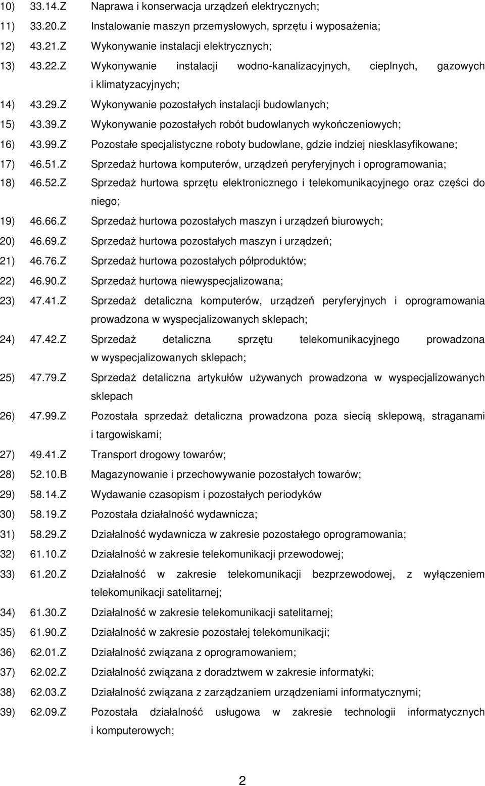 Z Wykonywanie pozostałych robót budowlanych wykończeniowych; 16) 43.99.Z Pozostałe specjalistyczne roboty budowlane, gdzie indziej niesklasyfikowane; 17) 46.51.