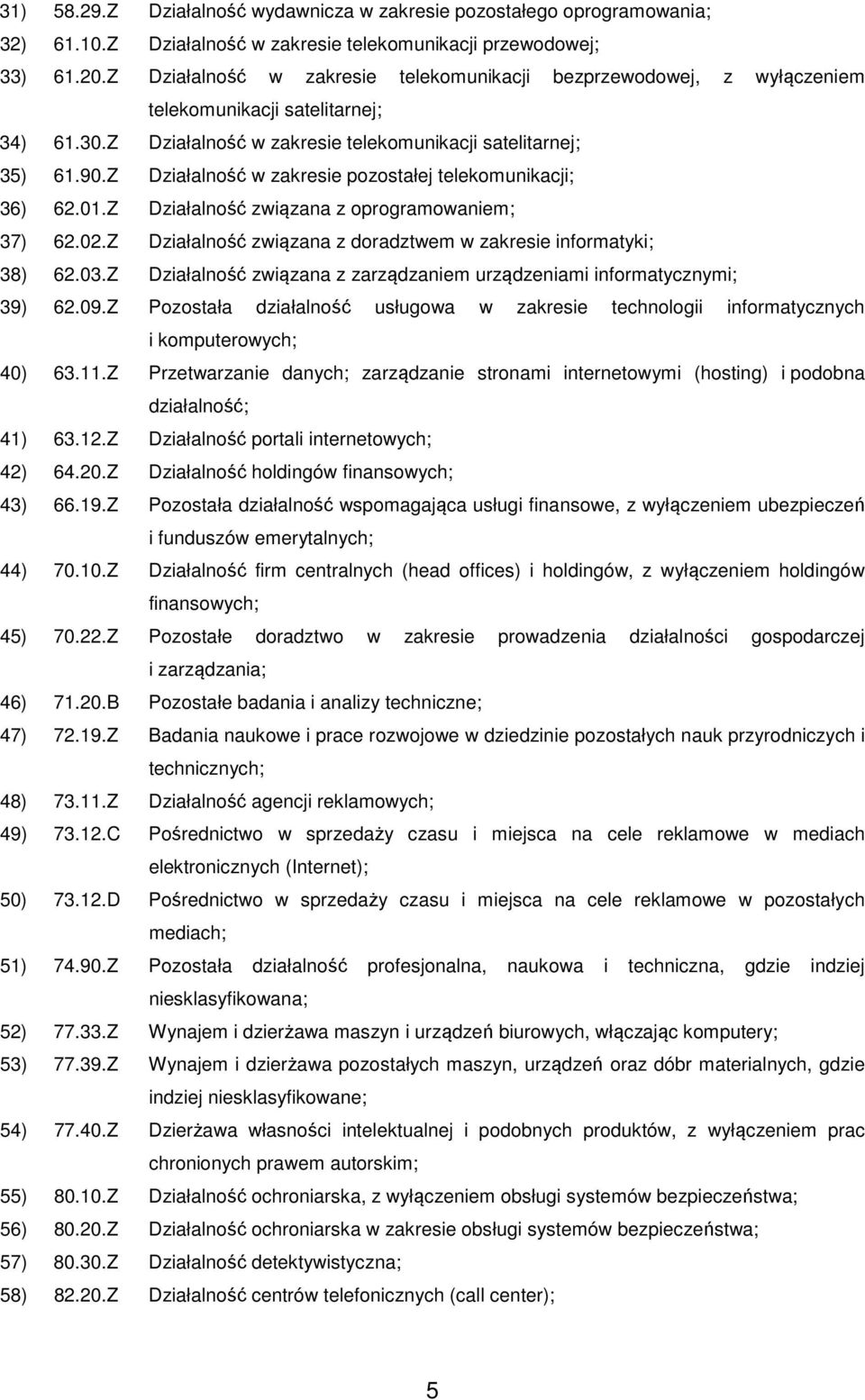 Z Działalność w zakresie pozostałej telekomunikacji; 36) 62.01.Z Działalność związana z oprogramowaniem; 37) 62.02.Z Działalność związana z doradztwem w zakresie informatyki; 38) 62.03.