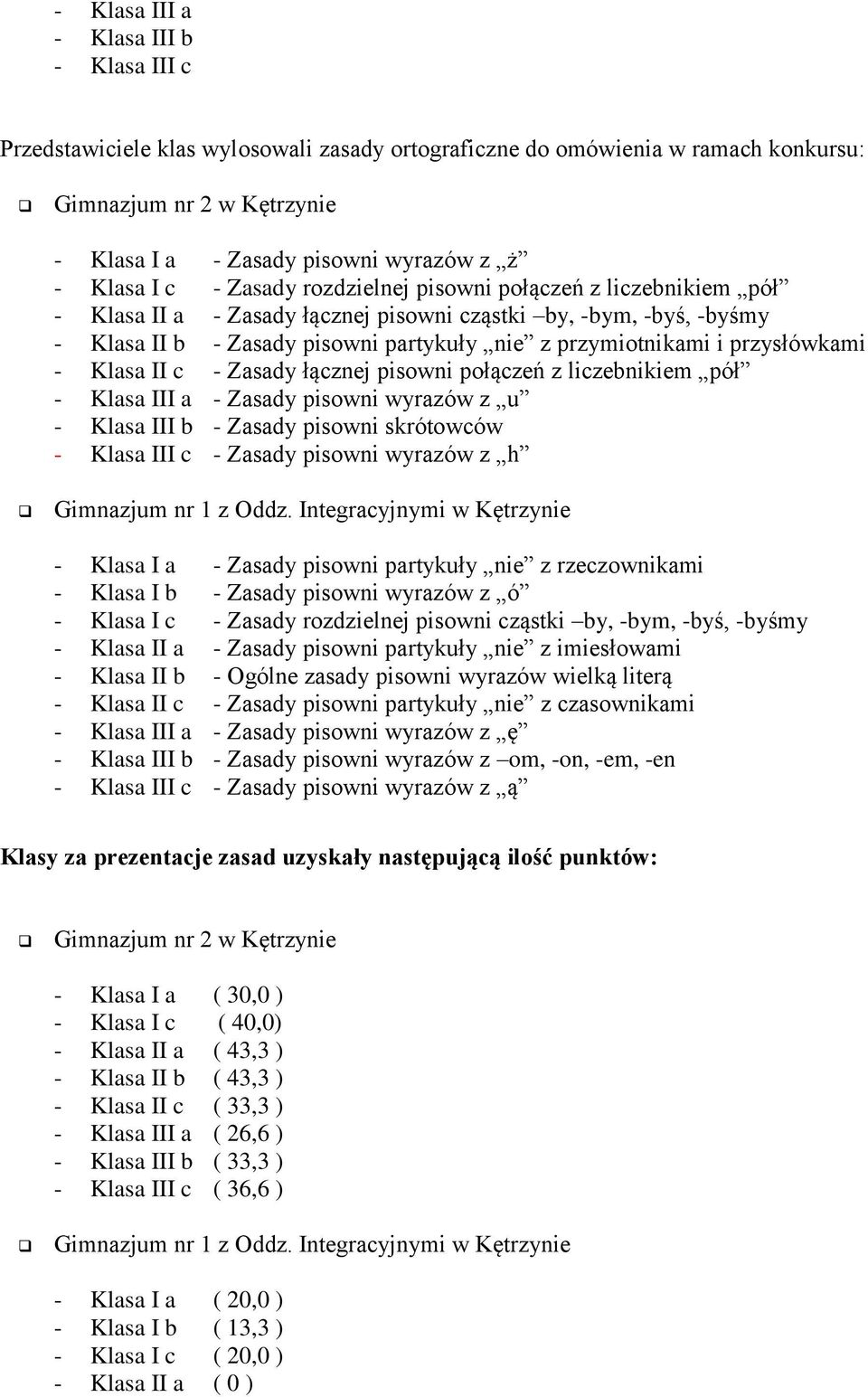 Klasa II c - Zasady łącznej pisowni połączeń z liczebnikiem pół - Klasa III a - Zasady pisowni wyrazów z u - Klasa III b - Zasady pisowni skrótowców - Klasa III c - Zasady pisowni wyrazów z h - Klasa