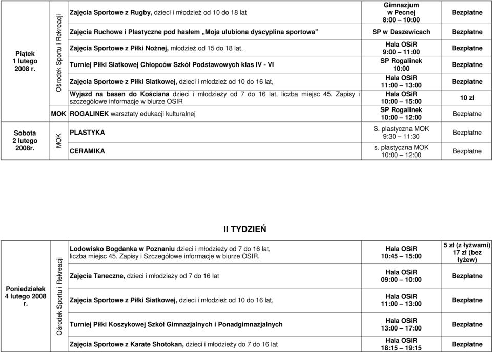 młodzieŝy od 7 do 16 lat, liczba miejsc 45. Zapisy i ROGALINEK warsztaty edukacji kulturalnej PLASTYKA CERAMIKA 15:00 S. plastyczna 10 zł II TYDZIEŃ Poniedziałek 4 lutego 2008 r.
