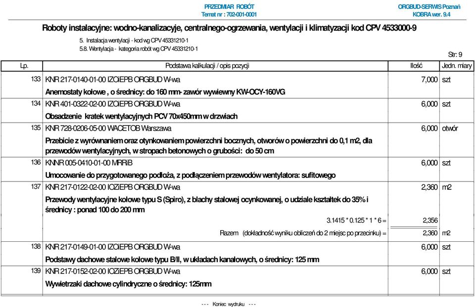 IZOiEPB ORGBUD W-wa 6,000 szt Obsadzenie kratek wentylacyjnych PCV 70x450mm w drzwiach 135 KNR 728-0206-05-00 WACETOB Warszawa 6,000 otwór Przebicie z wyrównaniem oraz otynkowaniem powierzchni