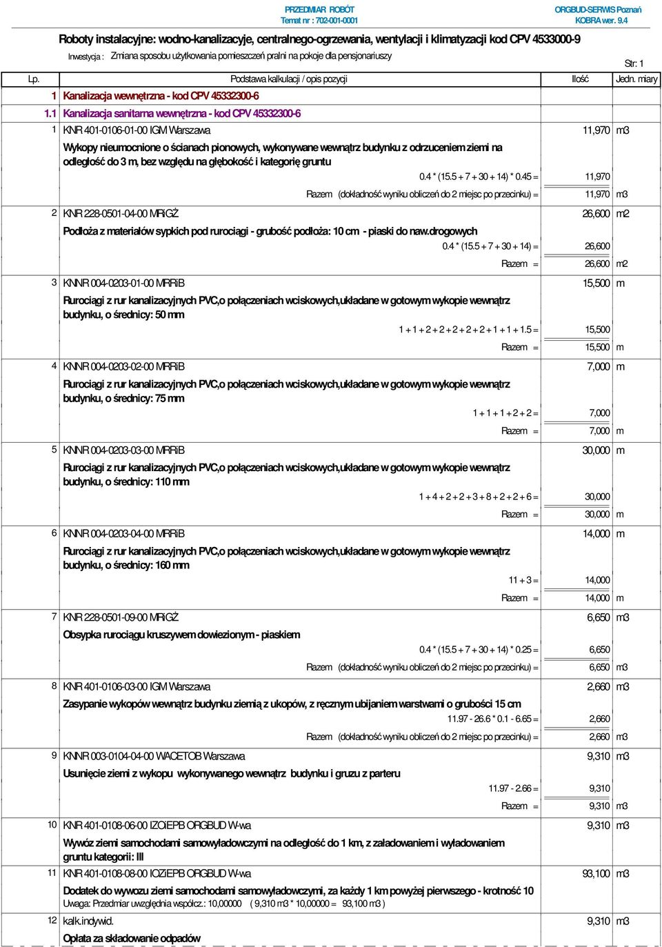 odległość do 3 m, bez względu na głębokość i kategorię gruntu 0.4 * (15.5 + 7 + 30 + 14) * 0.