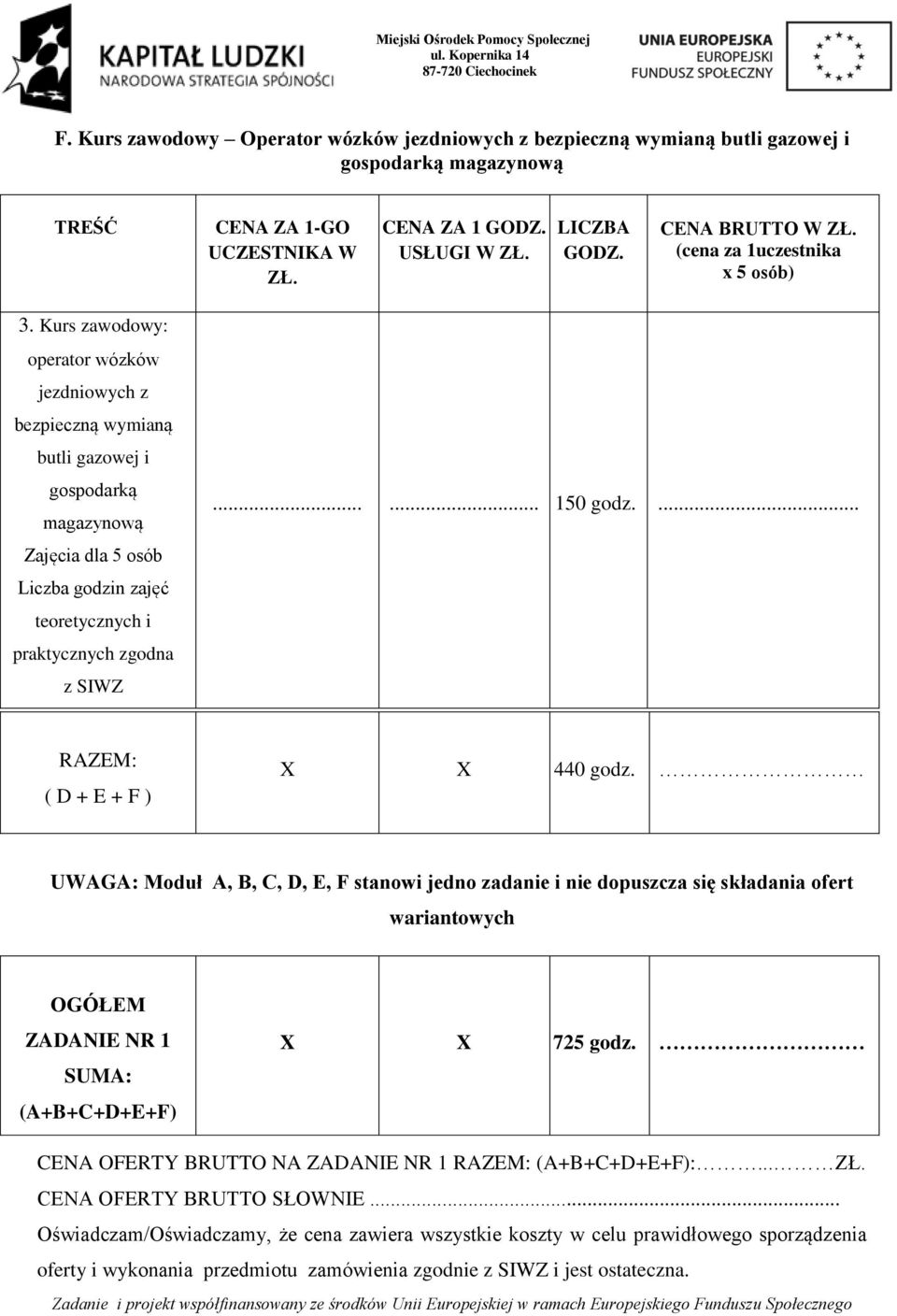 ... RAZEM: ( D + E + F ) X X 440 godz. UWAGA: Moduł A, B, C, D, E, F stanowi jedno zadanie i nie dopuszcza się składania ofert wariantowych OGÓŁEM ZADANIE NR 1 SUMA: (A+B+C+D+E+F) X X 725 godz.